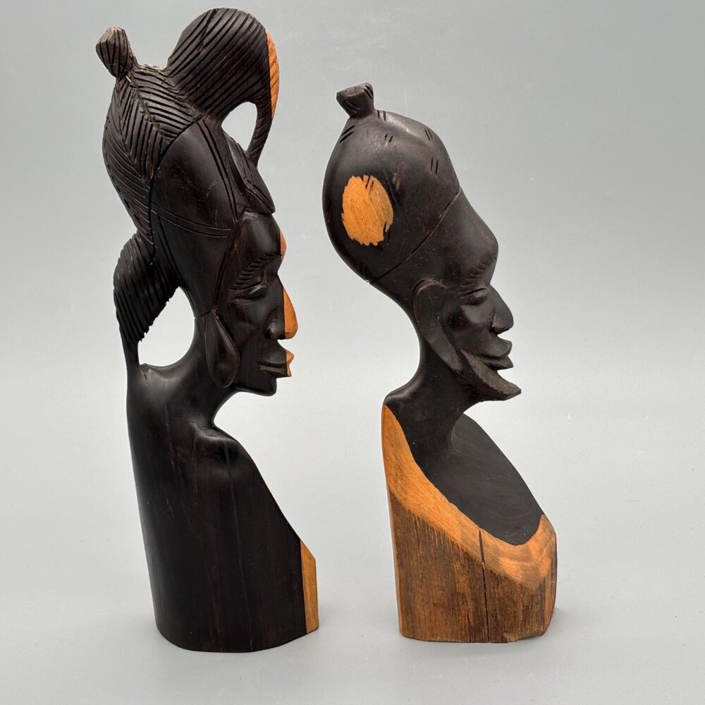 Vintage Hand Carved African Wooden Figurines Pair Tribal Bust Sculptures Wood - Picture 6 of 8